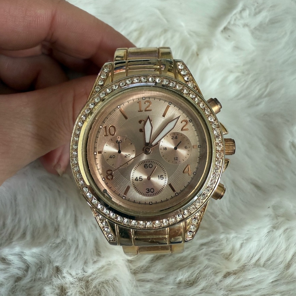 Rose Gold Chronograph-Style Watch with Rhinestones